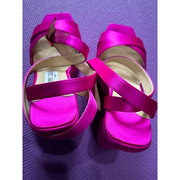 Jimmy Choo Gaia Platform Women Satin Sandals NEW Size 39.5 fuchsia pink open toe